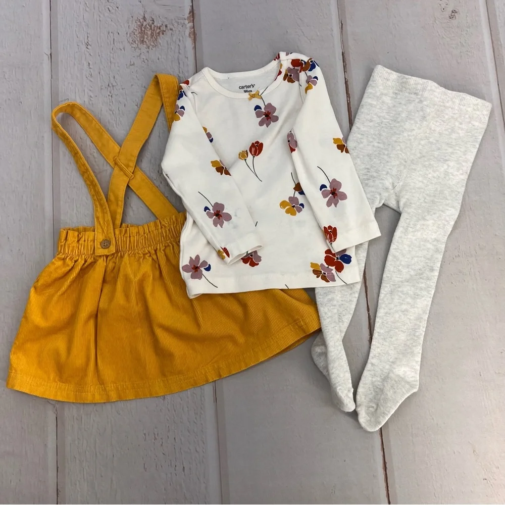 Baby Girl Carter's 3-Piece Floral Tee,‎ Corduroy Jumper, & Tights Set SIZE 18M